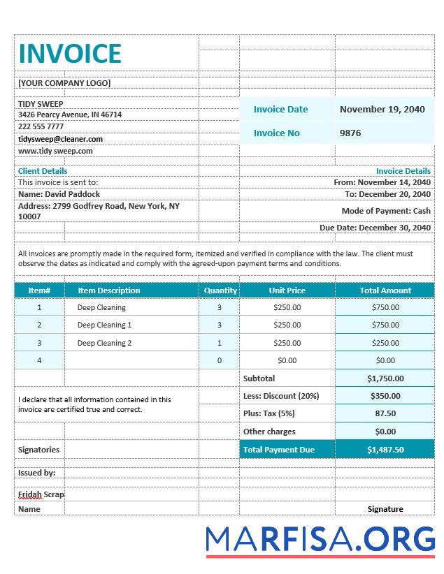 Downloadable Residential Cleaning Invoice Template